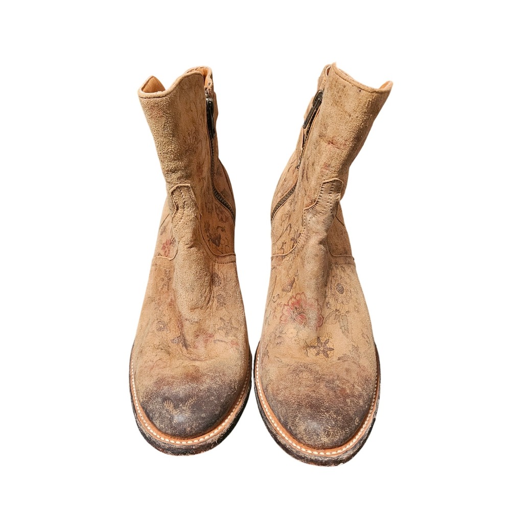 Women’s Distressed Tan Suede Ankle Booties with Subtle Floral Embossing